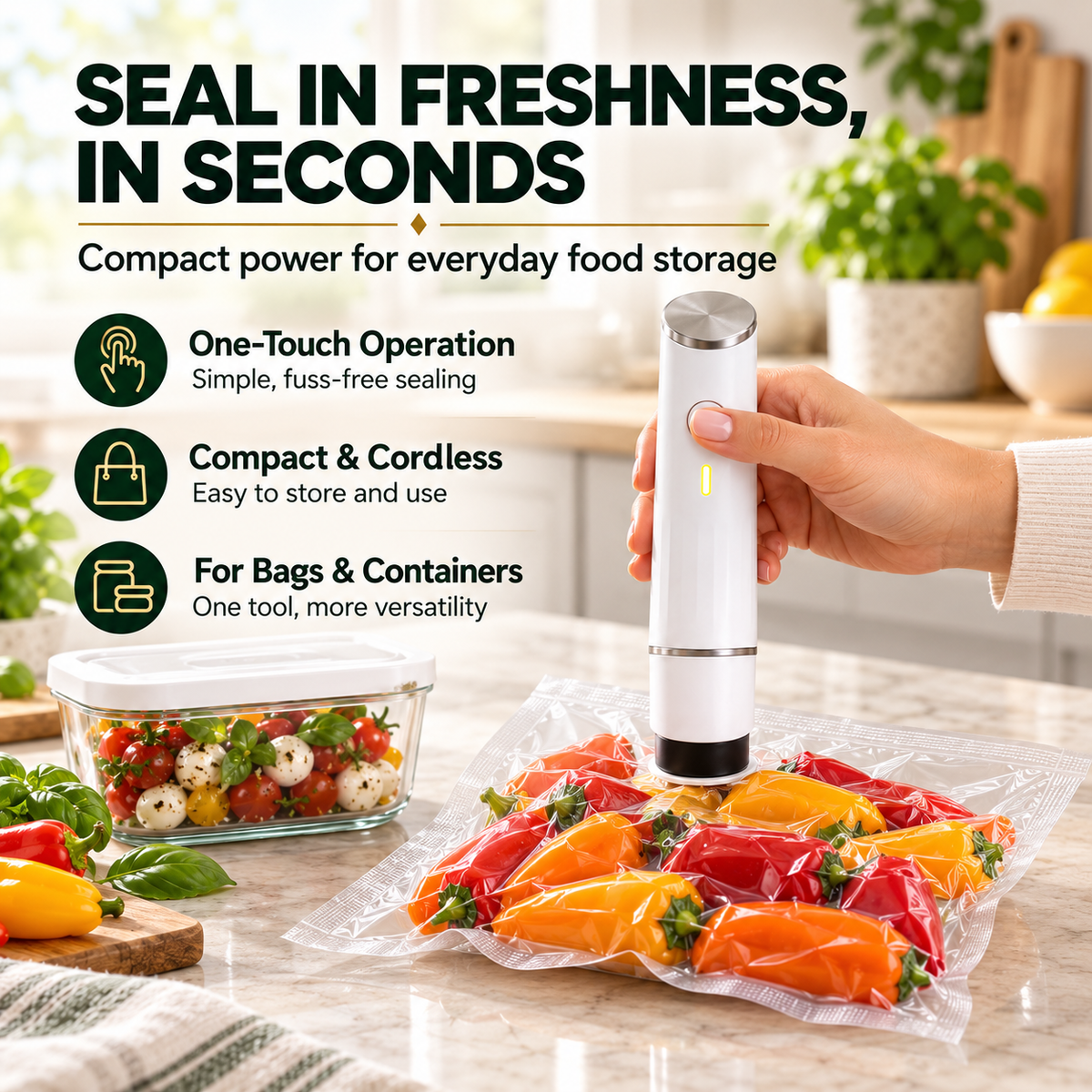 Portable Vacuum Food Sealer Bundle | Keeps Food Fresh 5x Longer