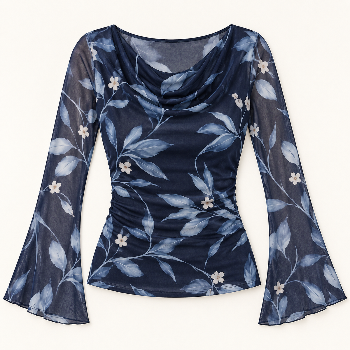 Women's Botanical Print Cowl-Neck Mesh Top