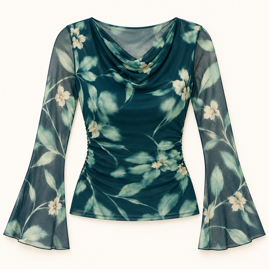 Women's Botanical Print Cowl-Neck Mesh Top