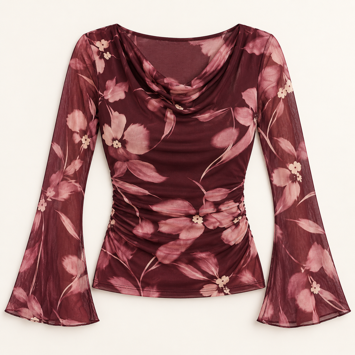Women's Botanical Print Cowl-Neck Mesh Top