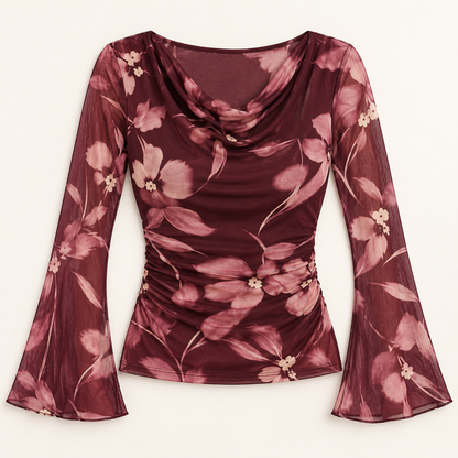 Women's Botanical Print Cowl-Neck Mesh Top